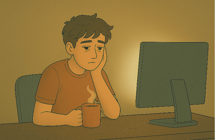 An exhausted person sitting at a desk with coffee, looking tired while facing a computer.