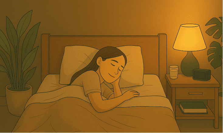 A person sleeping peacefully in bed with soft lighting and plants.
