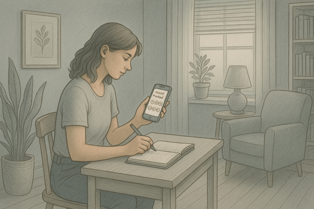 An Illustration of a woman using a depression tracker