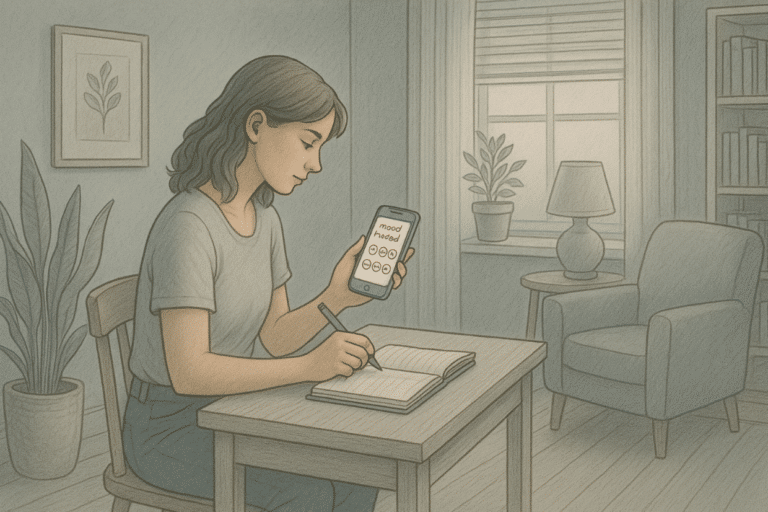 An Illustration of a woman using a mood tracker