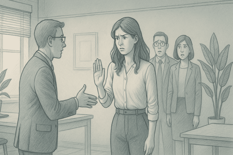 An illustration of a woman avoiding shaking hands with a work colleague due to fear of germs
