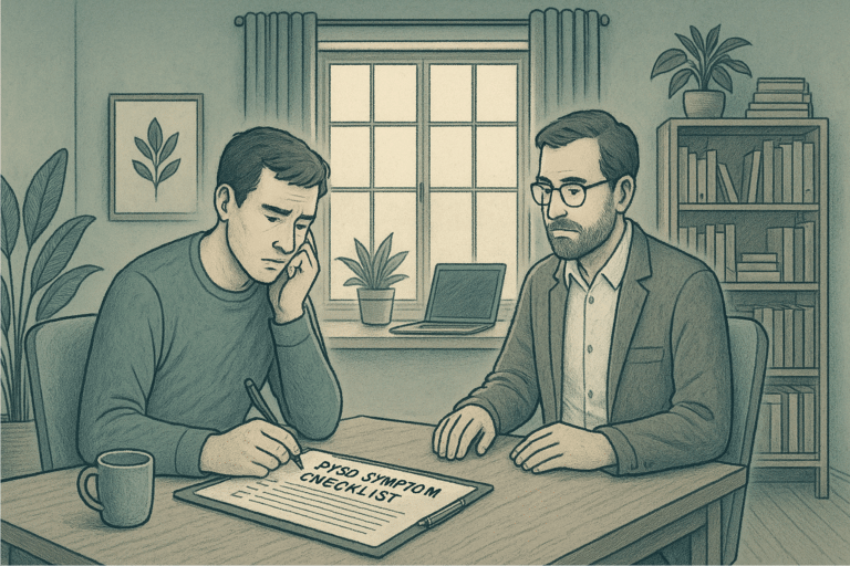 illustration of a man taking a PTSD Symptom Checklist assessment