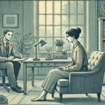 illustration of a woman at a desk with a mental health professional who is filling out an anxiety checklist