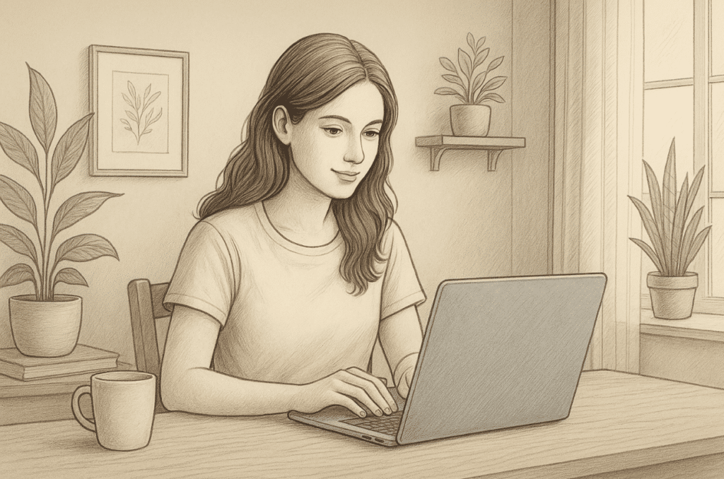 Illustration of a woman using an ocd tracking program on her laptop