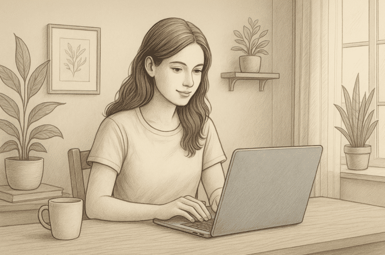 Illustration of a woman using a symptom tracker on her laptop
