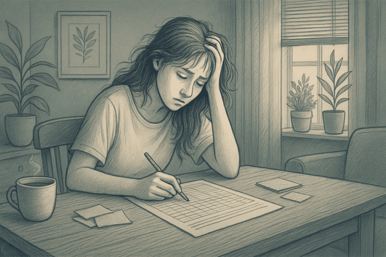 Illustration of a woman using an anxiety symptom tracker