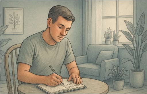 Man writing in a paper journal as part of his daily depression mood tracking routine.