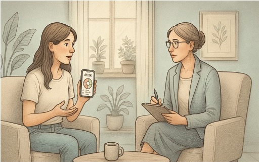 Woman sharing mood tracker data with her therapist to support her depression treatment plan.