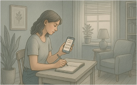 Woman writing in her journal to track her depression symptoms and mood patterns