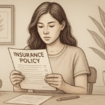 Illustration of a woman going through an insurance policy, wondering, "Is anxiety a pre-existing condition?"