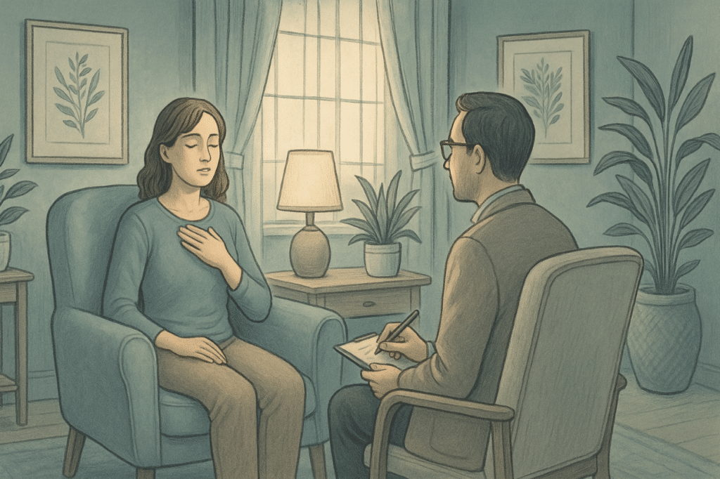 Illustration of a woman in domestic violence trauma therapy