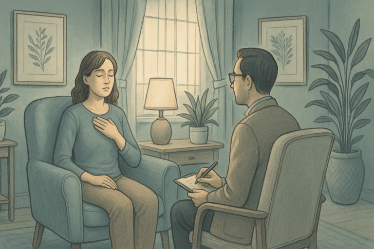 Illustration of a woman in trauma-focused therapy