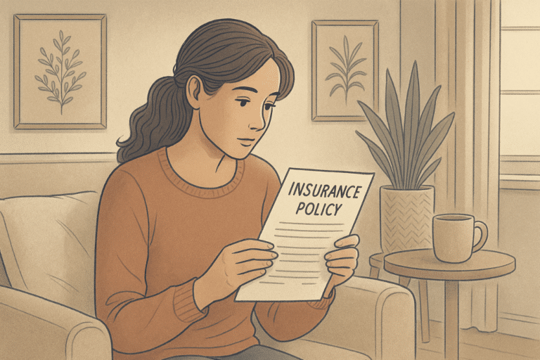 Illustration of a woman reviewing her insurance policy