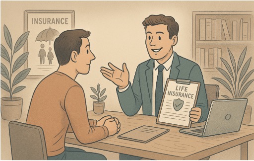 Man asking his life insurance advisor about policy guidelines regarding depression