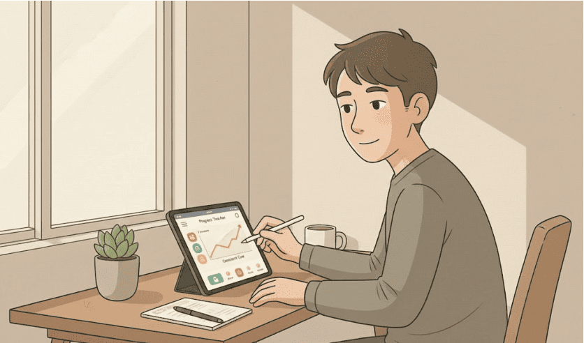 Person using a stylus on a tablet showing a progress tracker dashboard.