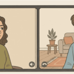 Video call screen showing the therapist and the patient in a friendly conversation while conducting telehealth for depression