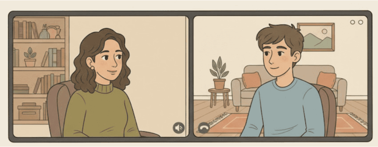 Video call screen showing the therapist and the patient in a friendly conversation while conducting telehealth for depression
