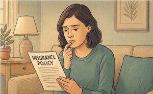 Woman carefully reading and scrutinizing her insurance policy to see what it says about depression