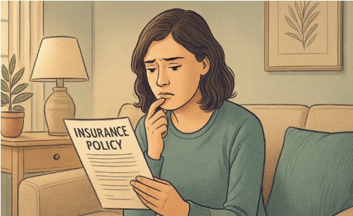 Woman carefully reading and scrutinizing her insurance policy to see what it says about depression