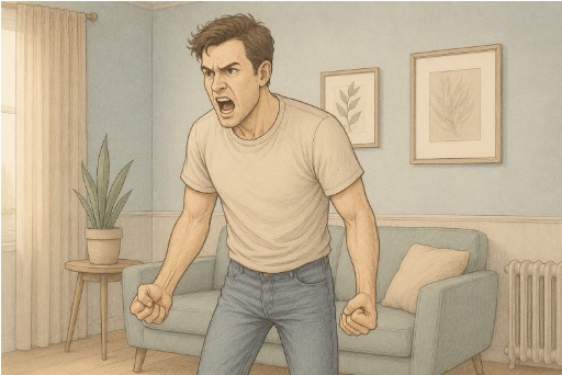 Man experiencing physical tension in his jaw and shoulders, illustrating common physical symptoms of chronic anger
