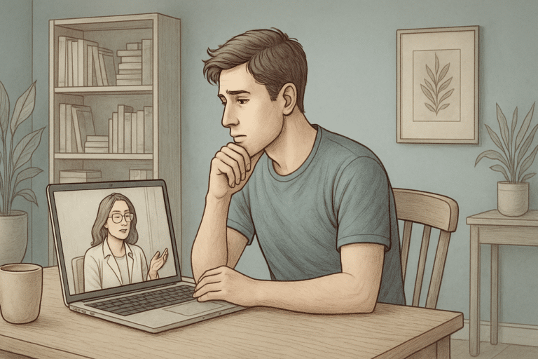 Illustration of a man in virtual therapy using his laptop