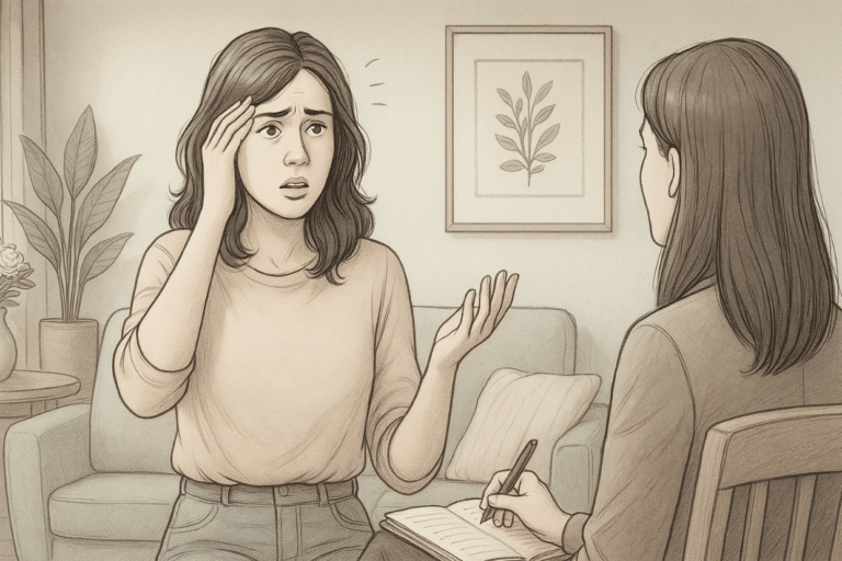 Illustration of a woman forgetting what to say during an active conversation