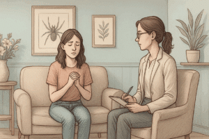 Illustration of a woman in exposure therapy for anxiety, examples and worksheets provided by her therapist