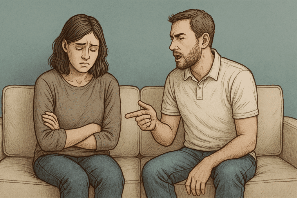 Illustration of a woman looking depressed as her partner talks down on her, exhibiting emotional abuse signs and symptoms