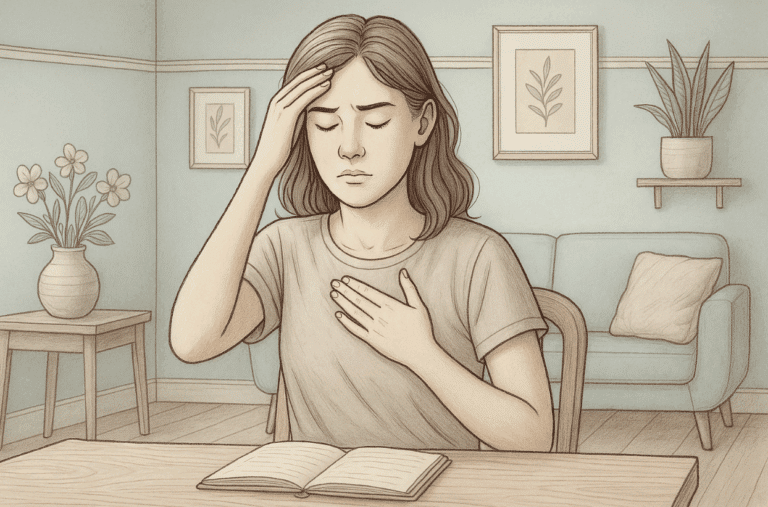 Illustration of a woman practicing a DBT strategy while sitting at a desk