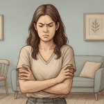 Illustration of a woman with repressed vs suppressed anger, crossing arms and looking down angrily