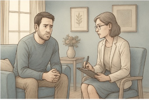 IIllustration of a man in an individual therapy session working through disorganized thinking with a mental health clinician