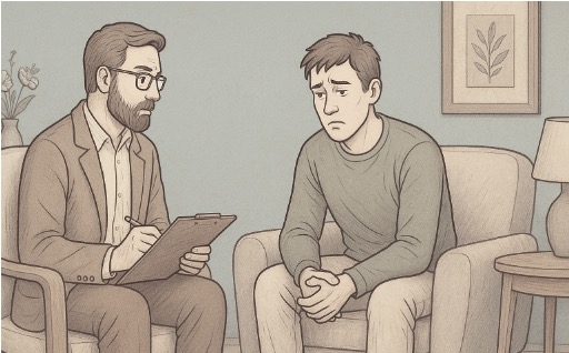 Illustration of a man in a therapy session receiving CBT treatment to address chronic anger and negative thought patterns