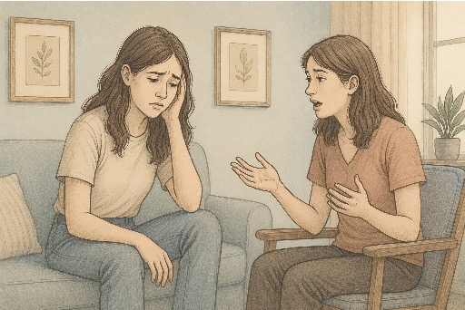Woman looking depressed, forgetting what to say during an active conversation with a friend 