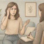 Illustration of a woman forgetting what to say during an active conversation, illustrating disorganized thinking