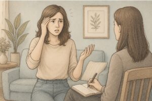 Illustration of a woman forgetting what to say during an active conversation, illustrating disorganized thinking