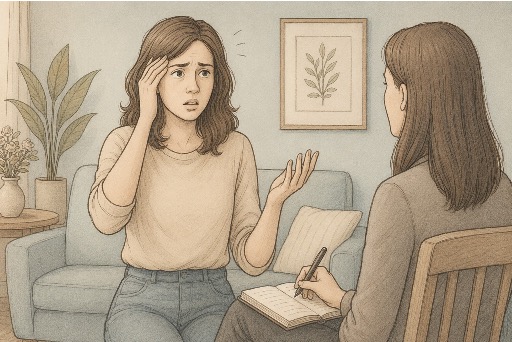 Illustration of a woman forgetting what to say during an active conversation, illustrating disorganized thinking