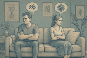 An illustration of a man and woman sitting on a couch with arms crossed, both looking away angrily, in need of education on how to deal with oppositional behavior in adults