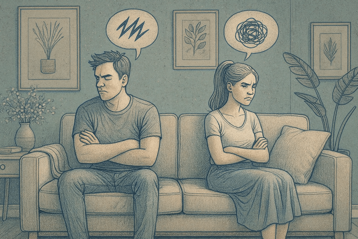 An illustration of a man and woman sitting on a couch with arms crossed both looking away angrily