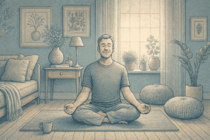 An illustration of a man sitting cross legged on a yoga mat in a peaceful living room meditating with a calm expression | Mission Connection