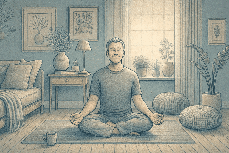 Person practicing mindfulness and relaxation techniques in peaceful setting