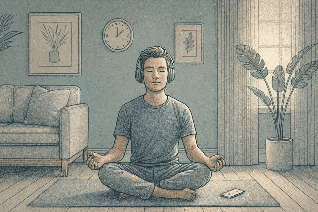 An illustration of a man wearing headphones sitting cross-legged in a meditation pose on a mat in a living room, practicing mindfulness exercises for adhd