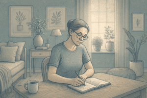An illustration of a woman journaling in her home, using journal prompts for anxiety