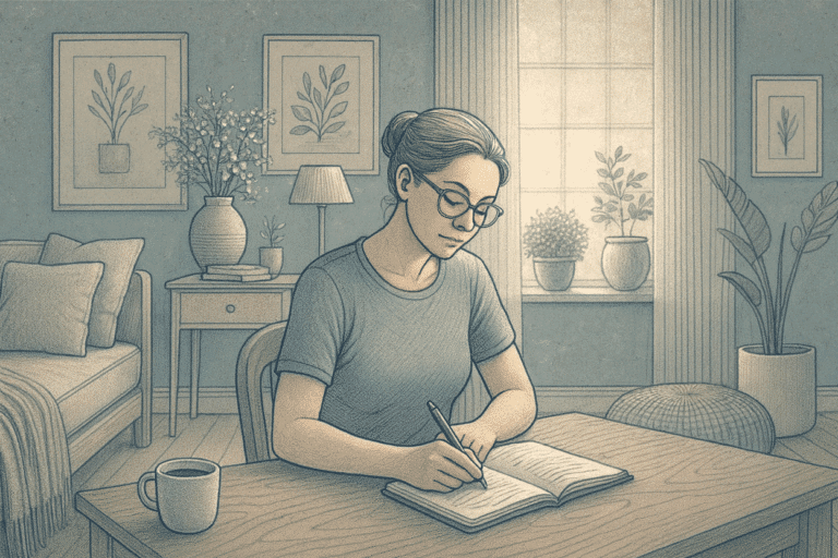 An illustration of a woman journaling in her home, using journal prompts for anxiety