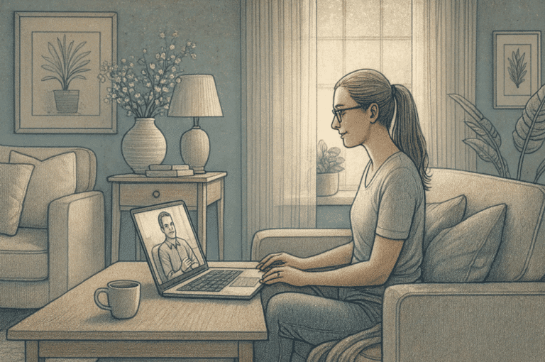 An illustration of a woman sitting comfortably at home during a telehealth therapy session on her laptop, with a warm, safe living room environment