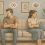 A couple experiencing a relationship conflict and looking away angrily due to Oppositional Defiant Disorder.