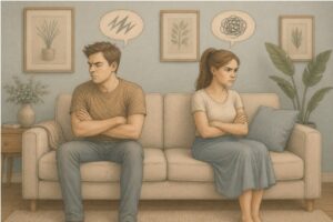 A couple experiencing a relationship conflict and looking away angrily due to Oppositional Defiant Disorder.