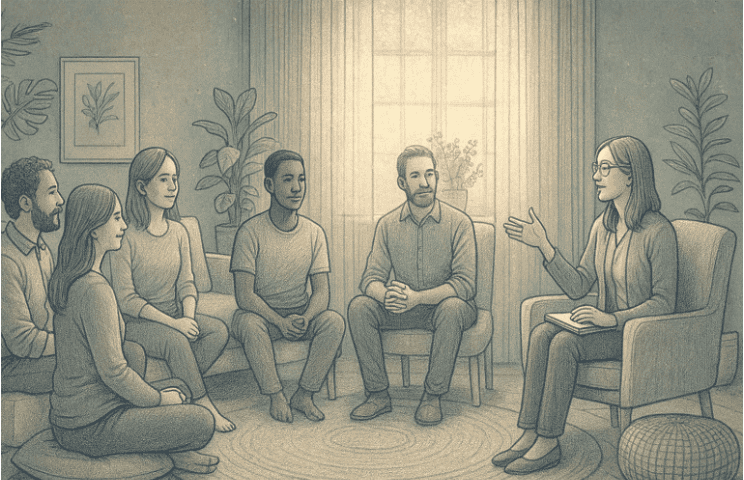 An illustration of a diverse group of people sitting in a comfortable circle during a therapy session, with a therapist facilitating.