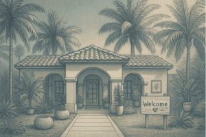 An illustration of a peaceful therapy facility with palm trees and welcoming architecture, representing a safe space for trauma healing.
