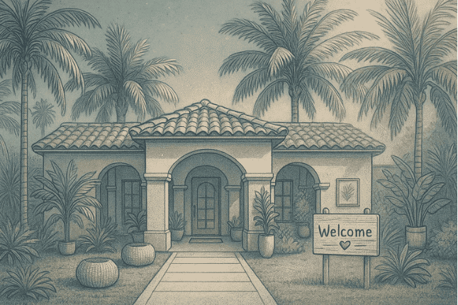 An illustration of a peaceful therapy facility with palm trees and welcoming architecture, representing a safe space for trauma healing.