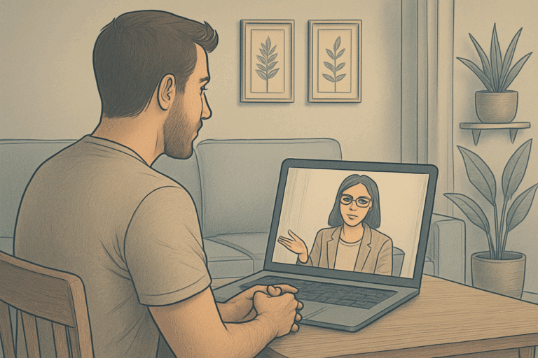 Illustration of a man in a virtual therapy using his laptop